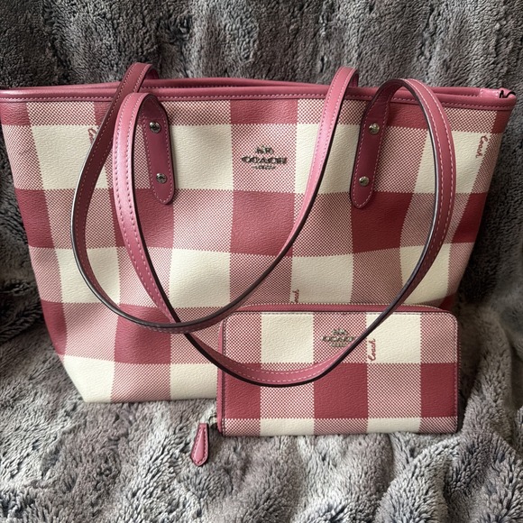 Coach Handbags - COACH Buffalo Plaid Red Pink Tote Bag Leather Trim & Full Size Wallet Wallet